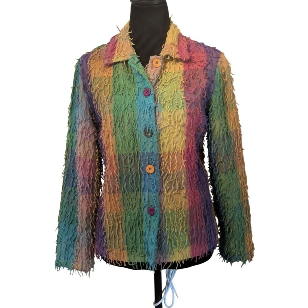 Whimsigoth Pastel Rainbow Fringe Shaggy Patchwork Dopamine Jacket, Size Small